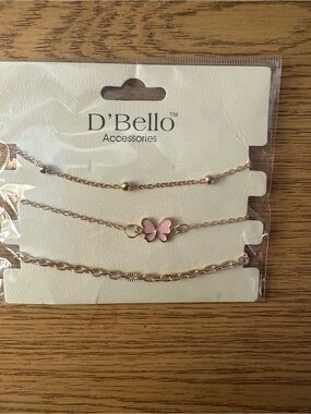 D'Bello Gold Tone Bracelet Set with Pink Butterfly Accent